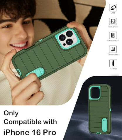 for iPhone 16 Pro Case with Screen Protector,Built-in Invisible Kickstand,Heavy Duty Shockproof Drop Protection Military Grade Tri-Layer Rugged Durable Cell Phone Cover for Apple 16 Pro 6.3"(Green) - color: Green