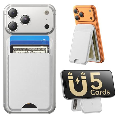 for MagSafe Wallet with Stand, 5 Card Holder, Slim Leather Magnetic Wallet for iPhone 17/16/15/14/13/12 Pro Max Plus Air Series, 3 Card Slots & 1 Cash Slot,White - color: White