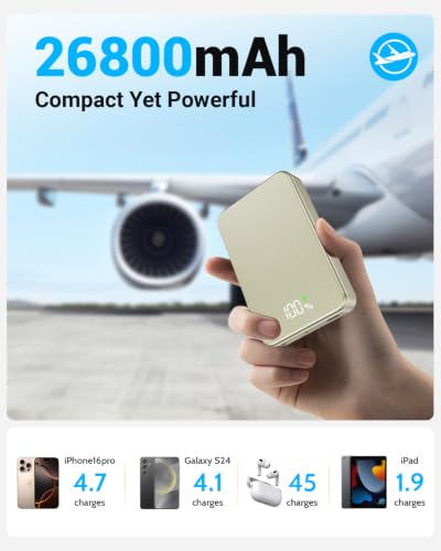 Magnetic Portable Charger for Magsafe Power Bank, 26800mAh 20W PD Large Capacity Aluminum Alloy USB-C in&Out Wireless Fast Charging Battery Pack for iPhone 17Pro Max/16/15/14/13/12 Series, Gold - color: Gold