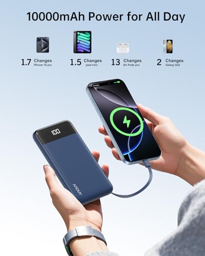 Portable Charger Power Bank w/Built-in Cables 10000mAh LED Display, Navy - color: Navy