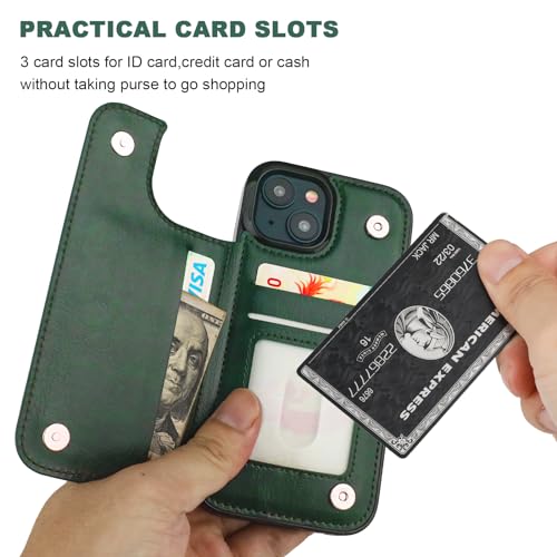 ONETOP for iPhone 15 Wallet Case with Credit Card Holder,Green | Kickstand,ID/Cash Holder,Case Wallet with Card Slots,Double Magnetic Clasp,Durable PU Leather Shockproof Cover for Women Men - color: Green