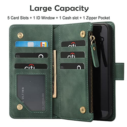 RANYOK Wallet Case Compatible with iPhone 13/14 (6.1 inch), Premium PU Leather Zipper Folio Wallet RFID Blocking with Wrist Strap Magnetic Closure Built-in Kickstand Protective Case (Black Green) - color: Black Green