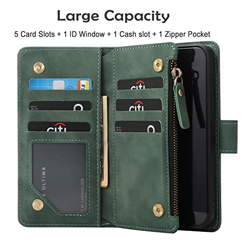RANYOK Wallet Case Compatible with iPhone 13 Pro Max (6.7 inch), Premium PU Leather Zipper Folio RFID Blocking Wallet with Wrist Strap Built-in Kickstand Protective Case (Black Green) - color: Black Green
