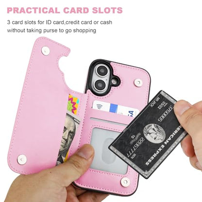 ONETOP for iPhone 16 Wallet Case with Credit Card Holder,Pink | Kickstand,ID/Cash Holder,Case Wallet with Card Slots,Double Magnetic Clasp,Durable PU Leather Shockproof Cover for Women Men - color: Pink