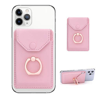 Cell Phone Card Holder RFID Ring Stand Stick on Wallet Card Holder for Back of Phone iPhone Android and All Smartphones Adhesive Credit Card Holder Pink - color: Pure Pink
