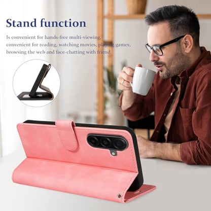 Wallet Case for Samsung Galaxy A17, RFID Blocking (Pink) | 4 card slots with ID window, cash pocket, wrist strap, stand function, magnetic closure, flip PU leather, TPU inner shell - color: Pink