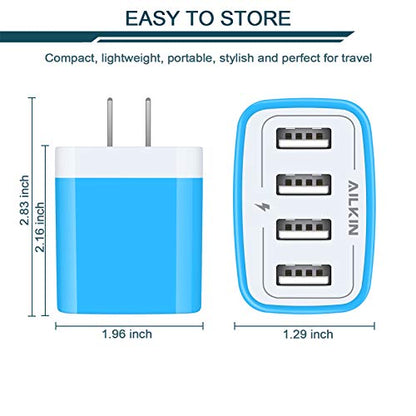 USB Charger Cube, Wall Charger Plug, AILKIN 4.8A 4-Muti Port USB Adapter - color: Blue