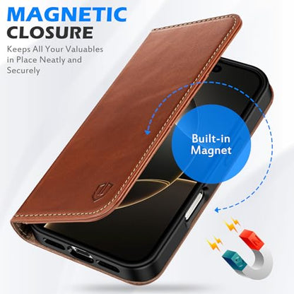 SHIELDON Real Leather Case Wallet for iPhone 16 Pro Max 6.9", Retro Brown | Flip Magnetic Cover, RFID Blocking, Credit Card Holder, Kickstand, Book Design, Shock-Absorbent Phone Cover - color: Retro Brown