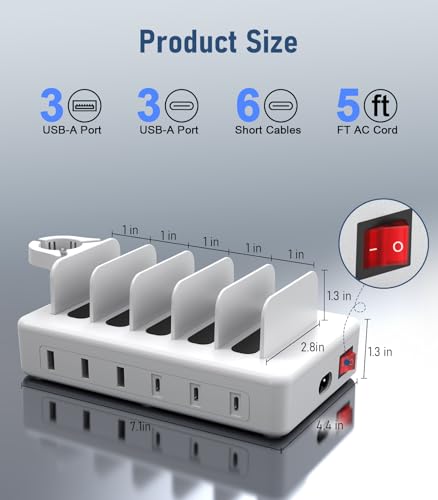 96W Charging Station for Multiple Devices,6 Ports USB C Organizer Charger