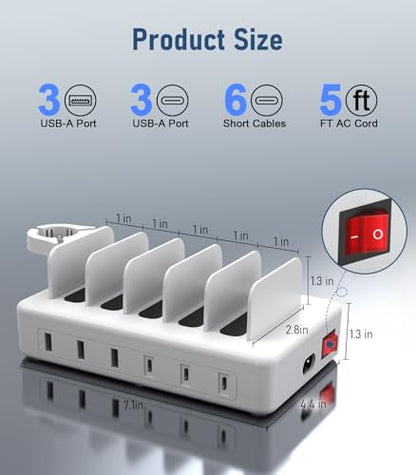 96W Charging Station for Multiple Devices,6 Ports USB C Organizer Charger