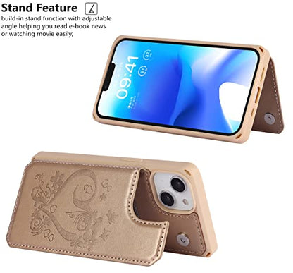 iCoverCase Compatible with iPhone 14 Wallet Phone Case with Card Holder for Women, RFID Blocking Embossed PU Leather Wrist Strap Case 6.1 Inch (Heart Gold) - color: H-Gold
