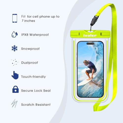 ivoler 2-Pack Waterproof Fanny Pack & Phone Pouch, Dry Bag for Passport, Phone & Wallet, Floating Waterproof Phone Case for Beach, Swimming, Kayaking, Boating, Cruise Essentials & Travel - color: Lime Green & Neon Lime