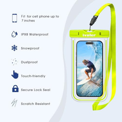 ivoler 2-Pack Waterproof Fanny Pack & Phone Pouch, Dry Bag for Passport, Phone & Wallet, Floating Waterproof Phone Case for Beach, Swimming, Kayaking, Boating, Cruise Essentials & Travel - color: Lime Green & Neon Lime
