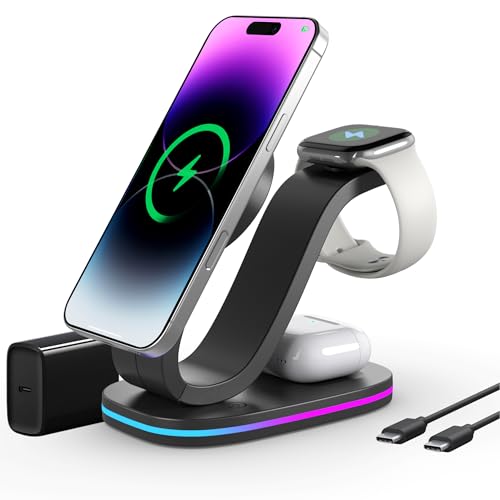 Wireless Charger 3 in 1 for iPhone, Magnetic Charging Station for Apple Family with Adjustable Multicolor Ambient Light, 15W Fast MagSafe Charger Stand,for iPhone17-12-iWatch AirPods Series