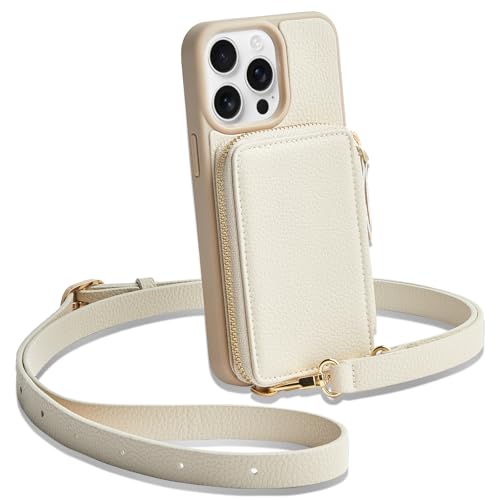 ZVE for iPhone 13 Pro Wallet Case, Zipper Leather Crossbody Phone Case with RFID Blocking Card Holder Wrist Strap Purse Cover for Women Compatible with iPhone 13 Pro (6.1 inch, 2021)- Beige - color: Beige, size: iPhone 13 Pro, 6.1"