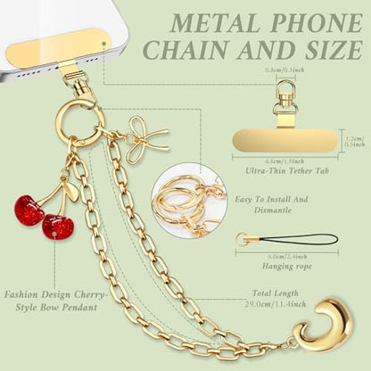 Phone Wrist Strap Phone Charm Strap with Bow & Cherry&letters Metal Phone Chain Tab Adjustable length - color: C