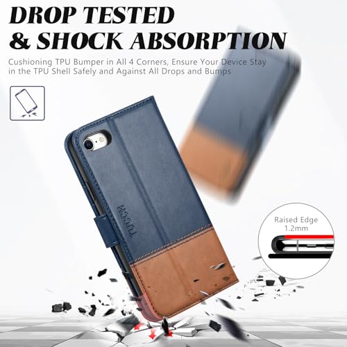 TUCCH Wallet Case for iPhone SE 2022/SE 2020/iPhone 8/7, Blue & Brown | 3 Card Holders, Kickstand, PU Leather, Shockproof TPU Shell, Magnetic Closure, Protective Folio Cover - color: Dark Blue & Brown