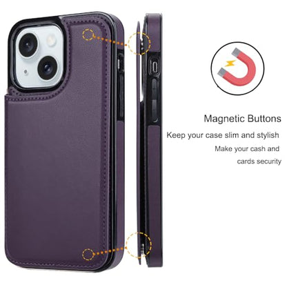Wallet Case Compatible with iPhone 15 6.1”,Slim Protective case with Card Holder, PU Leather Kickstand Card Slots Case with a Screen Protector-Purple - color: Purple