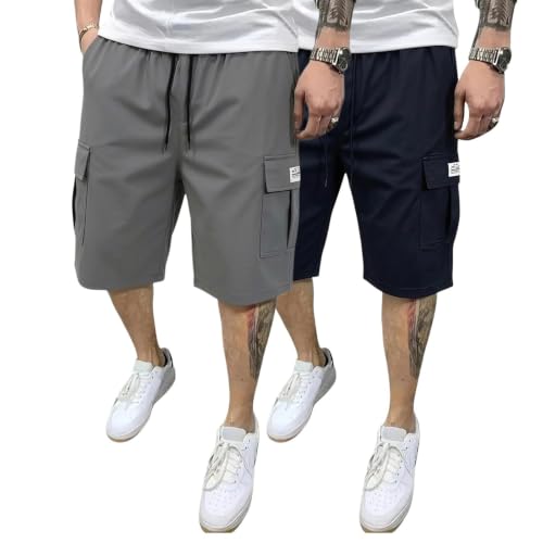 2 Pack Men's 10" Cargo Shorts Quick Dry Stretch Waist Hiking - color: Black+gray, size: XX-Large