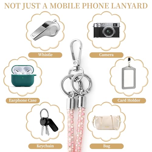 WOZEAH Crystal Cell Phone Lanyard Crossbody Strap for Women, Beaded Phone Strap for Cellphone Case with Tether Tab - color: Pink Crystal