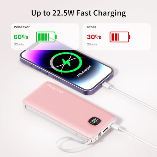 Portable Charger 10000mAh 22.5W Power Bank,Built-in 3 Cables & AC Wall Plug - color: Pink