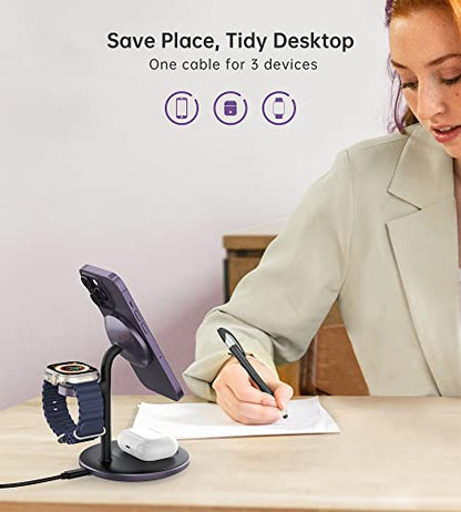 3 in 1 Magnetic Wireless Charging Station for Apple Devices,15W for Magsafe - color: Dark Purple