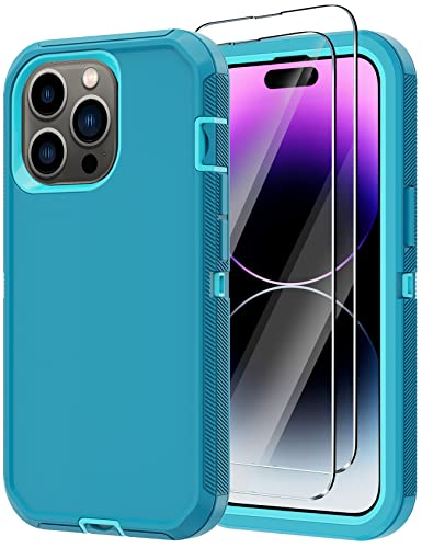 for iPhone 14 Pro Case with 2 Screen Protector, Heavy Duty Drop Protection Shockproof Full Body 3-Layer Military Rugged Durable Protective Cover for Apple iPhone 14 Pro 6.1" (Lake/Sky Blue) - color: Lake/Sky Blue