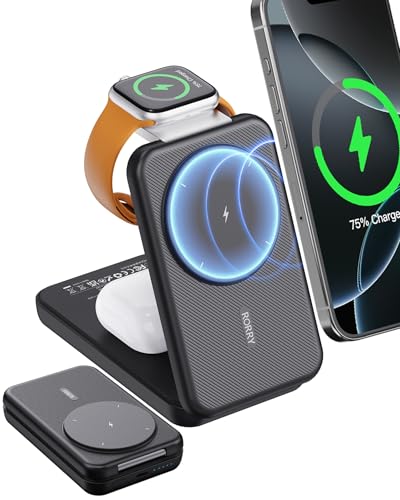 RORRY Portable Charger, 3 in 1 10000mAh Power Bank for MagSafe Battery - color: Dark Black
