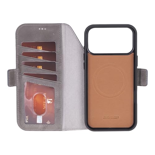 Bayelon Leather Folio Case for iPhone 17 Pro 6.3", Flip Cover Card Holder, Genuine Leather Case, Folio Wallet Case, MagSafe Compatible Shockproof Flip Cover, Rfid Blocking -Smoked Black - color: Smoked Black, size: iPhone 17 Pro