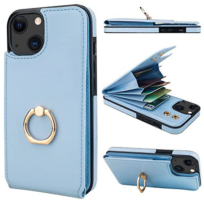 Folosu Compatible with iPhone 14 Case Wallet with Card Holder, 360°Rotation Finger Ring Holder Kickstand, RFID Blocking Leather Protective Double Buttons Shockproof Cover 6.1 Inch Blue - color: Blue, size: iPhone 14