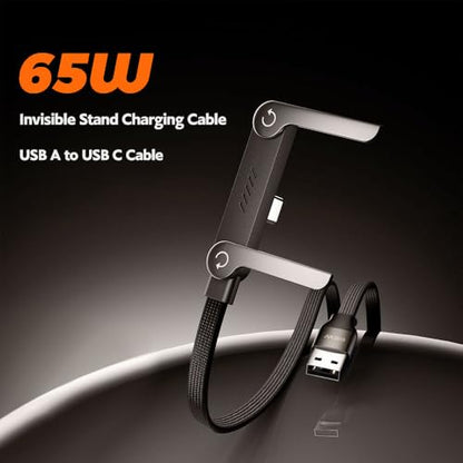 USB A to USB C Invisible Stand Charging Cable，65W Fast Charging Cable 5 FT，Built-in Phone Support Fast Charging Cord for Gaming Office Travel (Black) - size: 5FT(A-C)