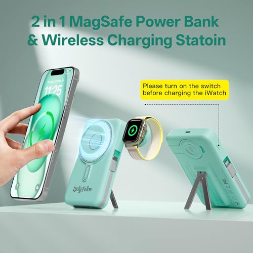 Magnetic Portable Charger Built-in Cables,10000mAh Fast Charging Wireless Charger Station External Battery Pack Slim Pocket Size Power Bank with Stand Compatible with iWatch, iPhone - color: Green