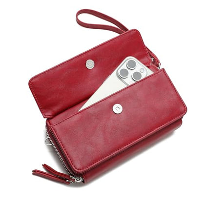 RFID Crossbody Wallet Wristlet Purse with Phone Pocket For Women Vegan Leather - color: B-wine