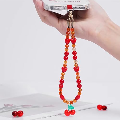 Phone Charm with Beaded Marble, Phone Chain Strap for Women Compatible with iPhone 14/13/12/11(Cute Cherry) - color: Red Cherry
