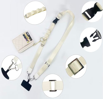 Phone Lanyard Crossbody Wrist Strap, Adjustable Clip and Go Strap for Phone with Wallet Crossbody for iPhone with Phone Tethers & Retractable ID Badge Card Holder-Beige - color: With Retractable Keychain-white