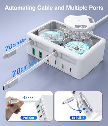 8-in-1 Retractable USB C Charger Charging Station Hub for Multiple Devices - color: White