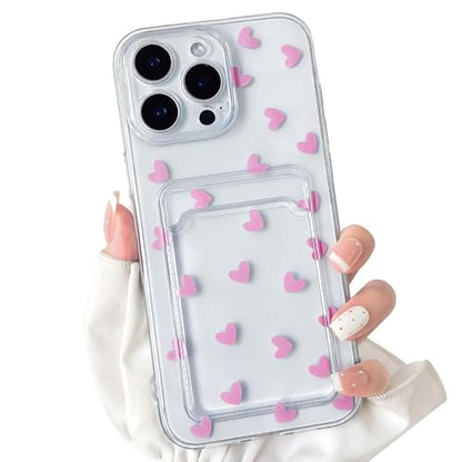 NITITOP Compatible with iPhone 15 Pro Max Case Clear with Card Holder Cute Pink Love Heart Pattern Design Design Soft TPU Shock-Absorbing Wallet Case Protective Cover - Pink - color: Pink, size: iPhone 15 Pro Max