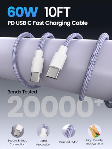 60W USB C Charger Block for iPhone 17 16 15,EIZLXQ 2-Pack USB C Wall Charger with Total 60W Max Output,10FT USB C Cable,Fast Charging Blocks for iPhone 17/16/15 Series,Galaxy,Pixel,iPad-Lavender - color: Lavender