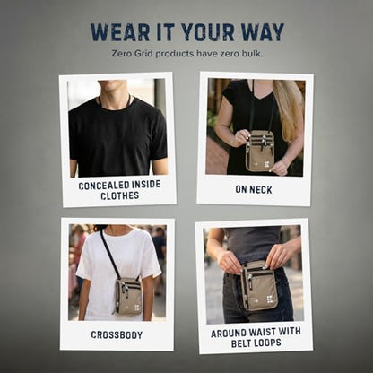 Zero Grid RFID Travel Neck Wallet, Large Passport Holder, Beige - color: Beige, size: Solo/Couple