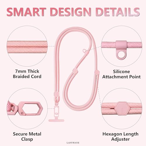 Adjustable Crossbody Phone Lanyard, Braided Cord with Tether Tab - color: Pink