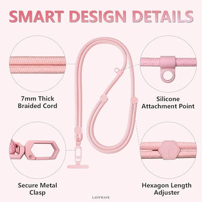 Adjustable Crossbody Phone Lanyard, Braided Cord with Tether Tab - color: Pink