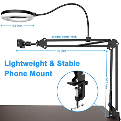 Overhead Camera Mount with Ring Light, 6‘’ Overhead Phone Mount Compatible with iPhone Camera Webcam, Articulating Arm Phone Mount for YouTube Live Stream Cooking Nail Video Recording