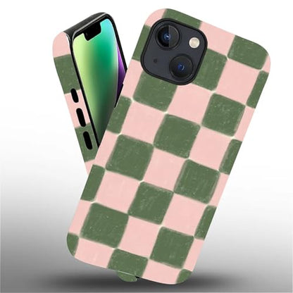 ZHEGAILIAN Case Compatible with iPhone 15,Pink and Green Checkered Design Phone Case, Matte Mixed Double-Layer Hard Shell+Soft Silicone TPU Shock Protective - color: Pink and green checkered, size: iPhone 15