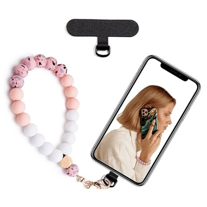Silicone Beaded Phone Wrist Strap for Women, Elastic Wristlet - color: Pink