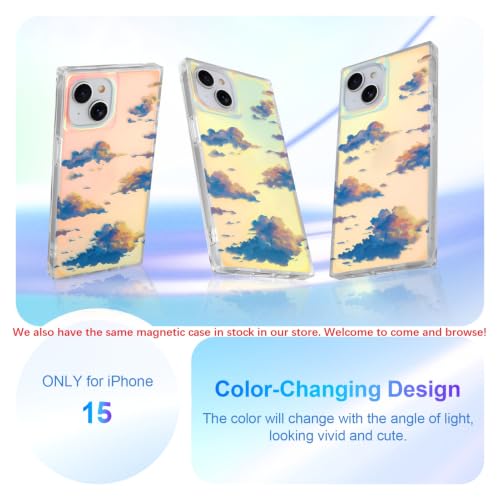 Cute Rectangle Case for iPhone 15 Case, Iridescent Clouds | Twilight Sun Set Sky Pattern Design, Aesthetic Girly Matte Glitter Protective Phone Cover for Women Girls - size: iPhone 15