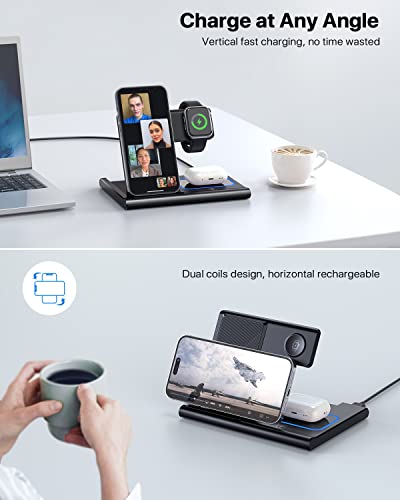 EXW [2024 Upgraded] Charging Station, Charging Station for Apple Devices, Wireless Charger for iPhone 16 15 14 13 12 11 Pro Max XR XS 8, Apple Watch and AirPods(Adapter Not Included)(Rock Black)