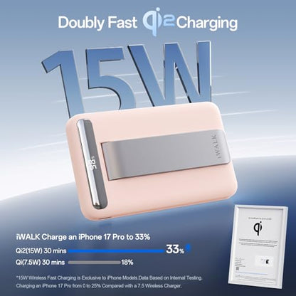 iWALK Qi2 Certified 15W Magnetic Wireless Power Bank, 10000mAh Fast Charging Portable Charger with Adjustable Stand and LED Display, Compatible with iPhone 18/17/16/15/14/13/12 - color: Pink
