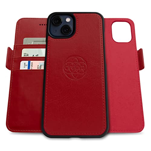 Dreem Vegan Leather Magnetic Detachable Wallet Case for iPhone 13 Red | Built-in Phone Stand, RFID Blocking Card Holder Flip Cover, MagSafe Compatible, Gift Box [Fibonacci: Red] - color: Red, size: iPhone 13