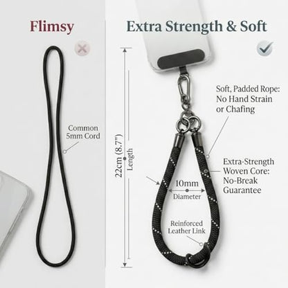 Phone Lanyard Wrist Strap Soft Rope Phone Strap Wrist Lanyard Heavy Duty - color: Black Reflective