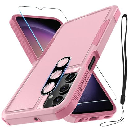 Case for Samsung Galaxy A15 5G, Full Body Heavy Duty Rugged Shockproof Protective Phone Cover with Lanyard Strap, Tempered Glass Screen Protector and Camera Lens Cover, Cute Pink | Rugged Shockproof Protective Phone Case with Lanyard Strap,Tempered Glass